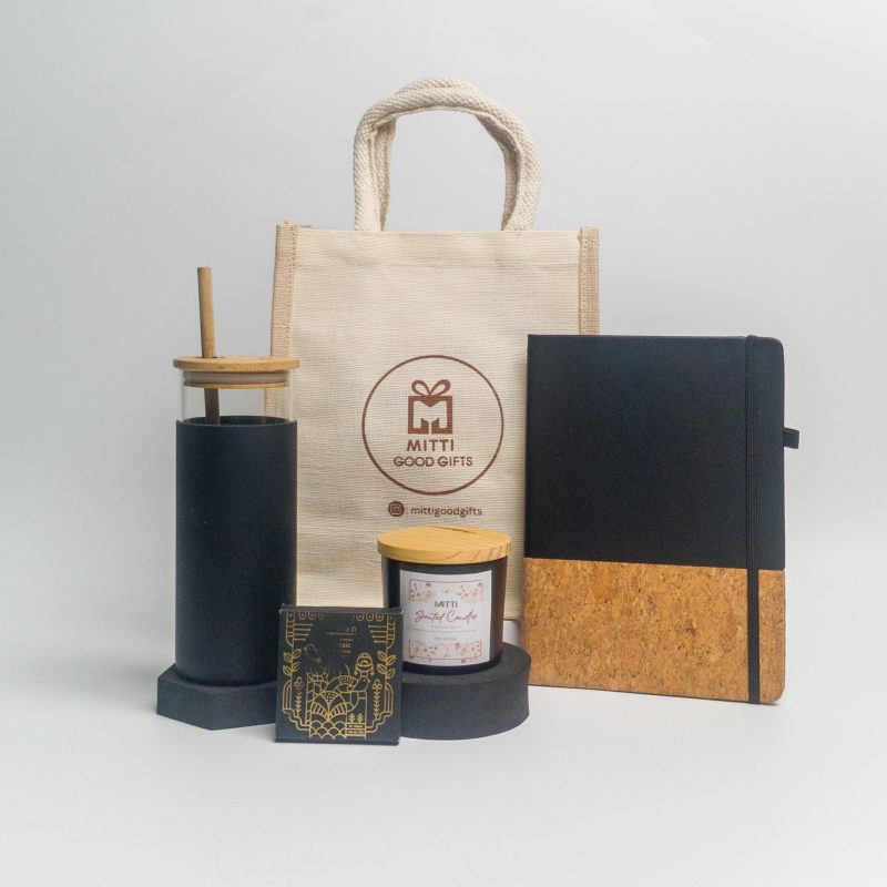 Mitti Good Gifts Eco-Friendly Gift Set - Glass Sipper with Straw and Sleeve, Premium Aromatic Candle, Cork Notebook, Cork Coaster, and Jute Bag