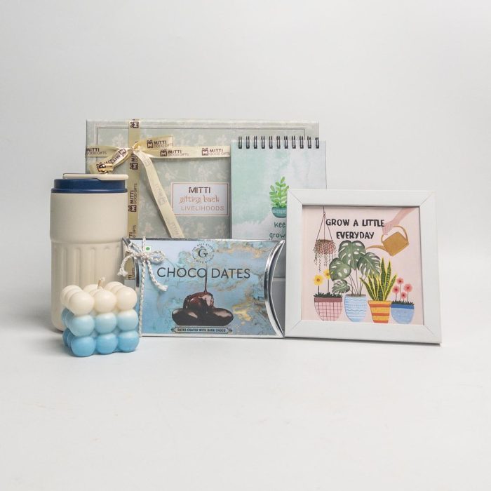 Mitti Good Gifts Eco-Friendly Gift Set - Sipper with Temperature Display, Bubble Candle, Choco Dates, Keep Growing Notebook, Inspirational Desk Frame