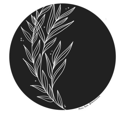 Minimalist botanical art print with white leaves on black background