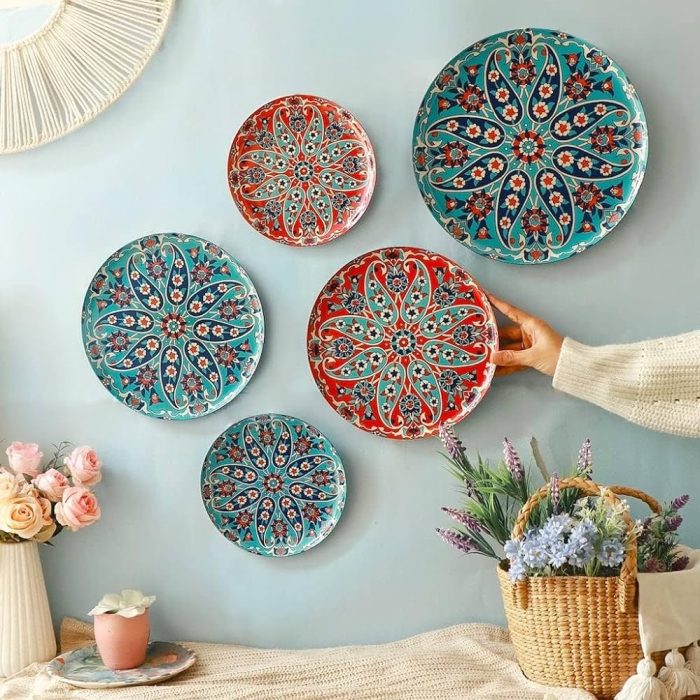 Handcrafted Floral Decorative Wall Plates Set with Turkish Style Design